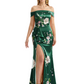 Simple Off Shoulder Side Slit Mermaid Long Satin Floral Formal Evening Dresses For Ladies