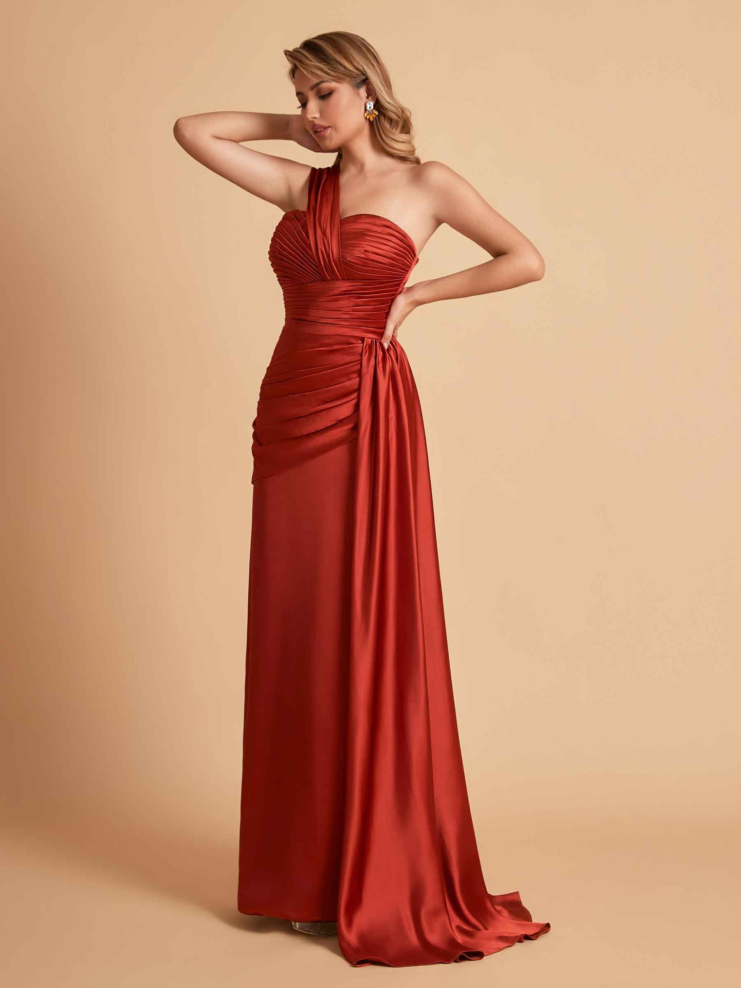 Sexy Satin Sheath One Shoulder With Train Elegant Long Bridesmaid Dresses