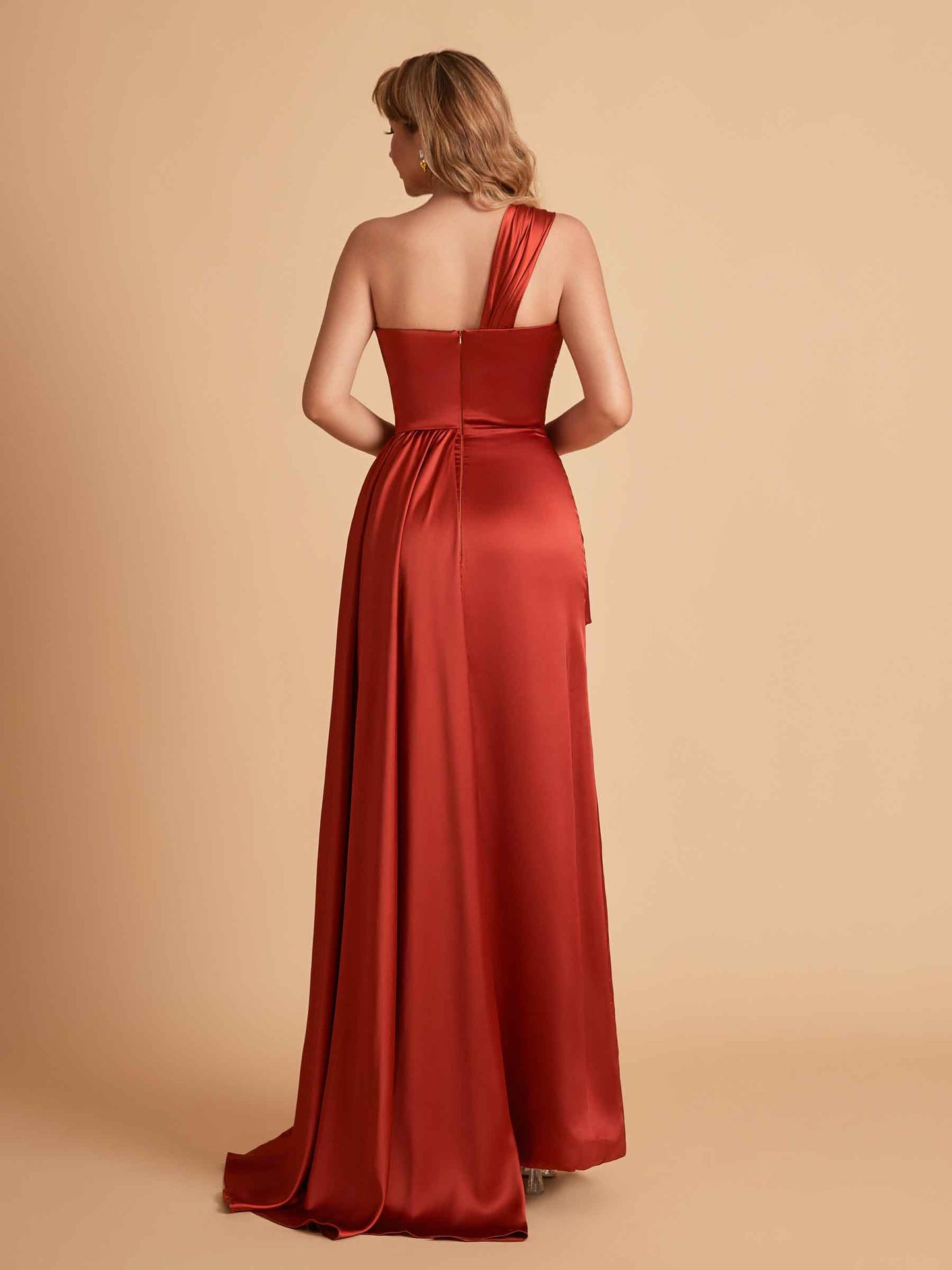 Sexy Satin Sheath One Shoulder With Train Elegant Long Bridesmaid Dresses