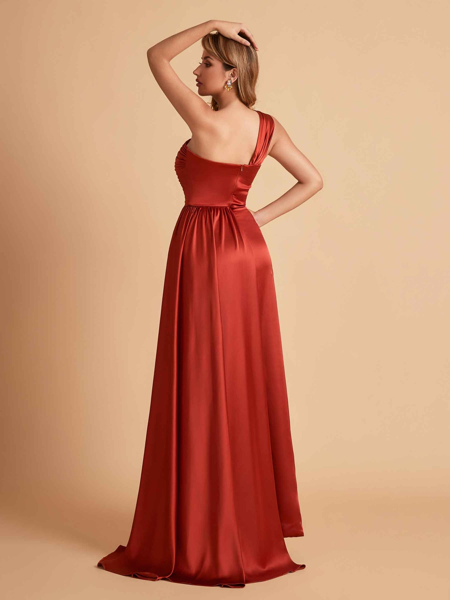 Sexy Satin Sheath One Shoulder With Train Elegant Long Bridesmaid Dresses