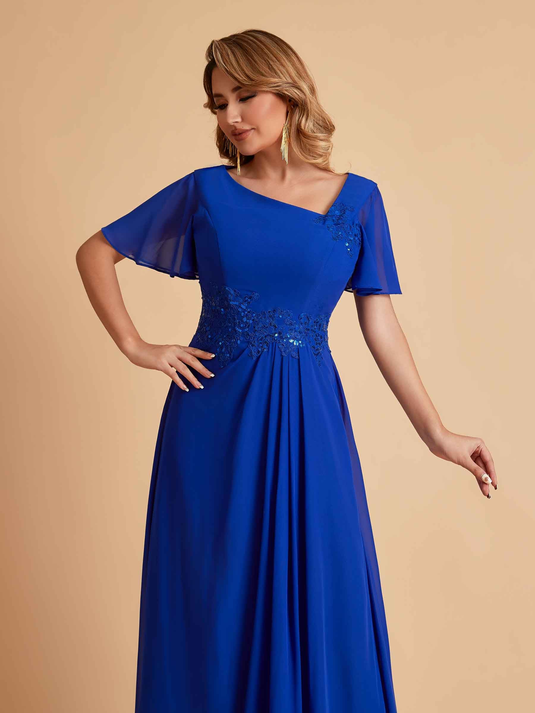 Elegant A-Line Chiffon Short Sleeves V-Neck Mother of the Brides Dresses Online