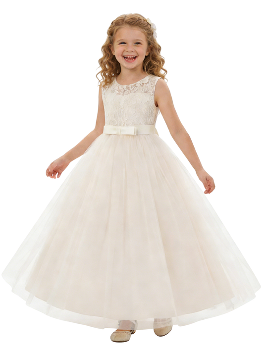 Round Neck Sleeveless A-Line Gown Delicate Lace Top & Tulle Skirt with Bow Belt for Special Occasions
