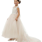 Illusion Neck Flower Girl Dress with Cap Sleeves A Line Tulle Skirt Cathedral Train Gown