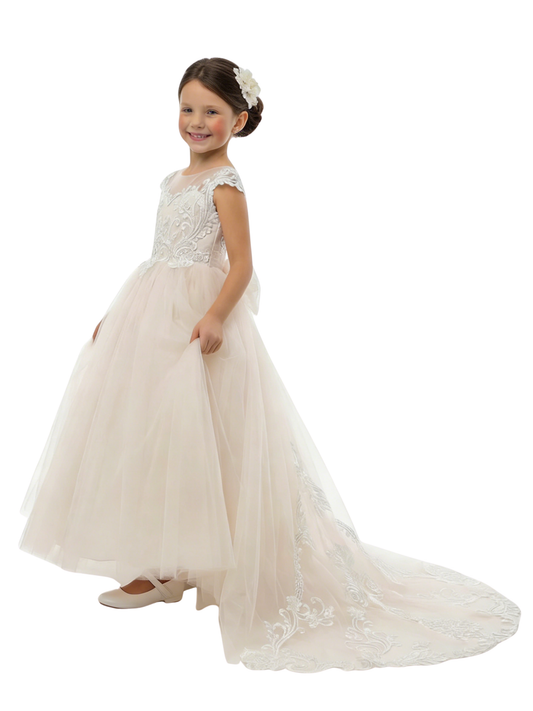 Illusion Neck Flower Girl Dress with Cap Sleeves A Line Tulle Skirt Cathedral Train Gown