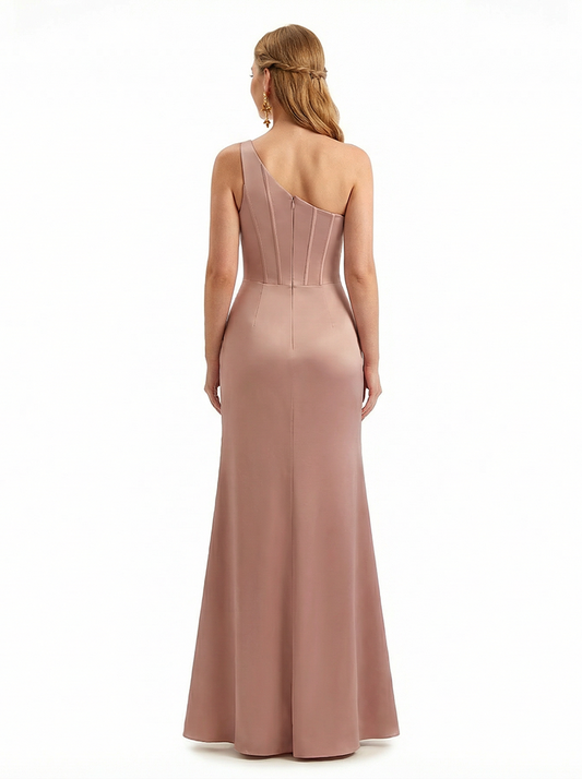 Sexy One Shoulder Silky Satin Mermaid Long Evening Gown Dresses For Women Side Slit