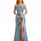 Trendy Off The Shoulder Beaded Soft Satin Mermaid Long Evening Dresses Side Slit