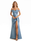 Trendy Off The Shoulder Beaded Soft Satin Mermaid Long Evening Dresses Side Slit