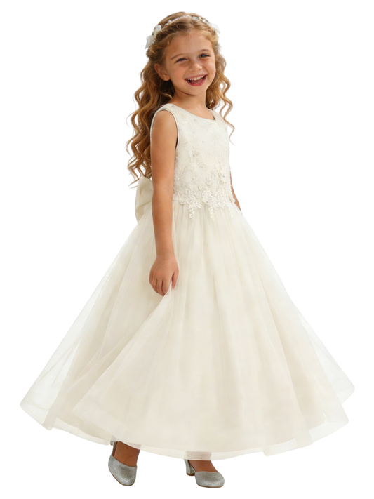 Sleeveless Round-Neck Flower Girl Gown Tulle Dress with Pearl Embellishments & Lace Appliqu¨¦s for Wedding Ceremonies