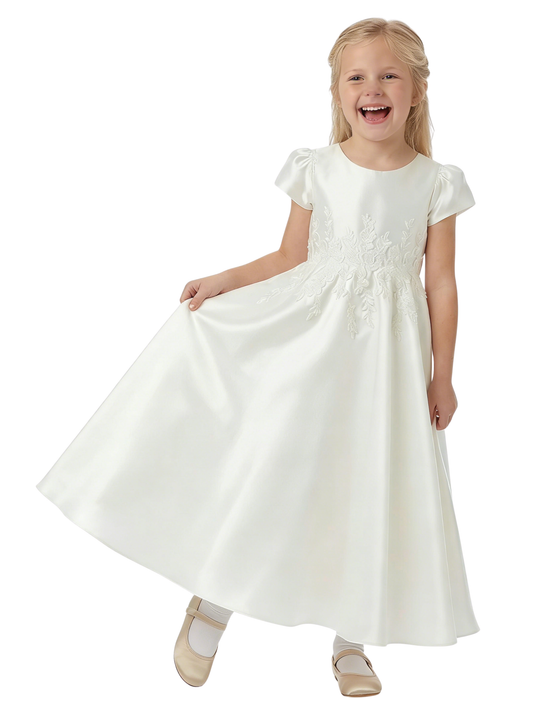 Elegant Flower Girl Dress Round Neck Puff Short Sleeve A-Line Satin Gown with Floral Embroidery