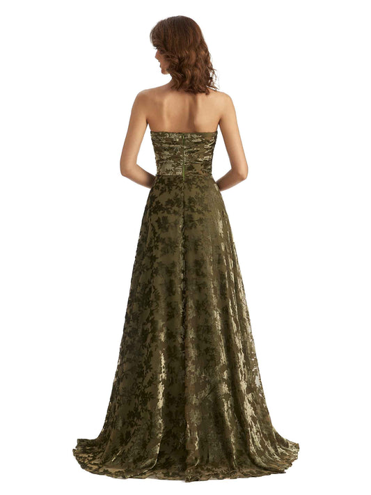 Sexy Side Slit Strapless Floral Burnout Velvet Sweetheart Long Wedding Guest Dresses