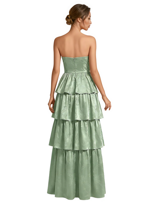 Elegant Jacquard Satin Straight Across A-Line Long Formal Evening Dresses