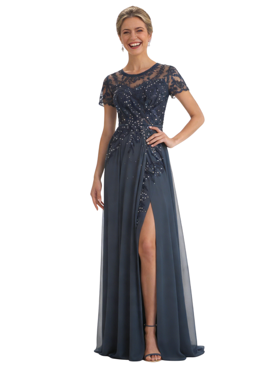 Elegant Short Sleeve Lace Chiffon A-Line Mother of The Bride Dresses