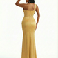Sexy Mermaid One Shoulder Side Slit Ruched Satin Long Evening Formal Dresses