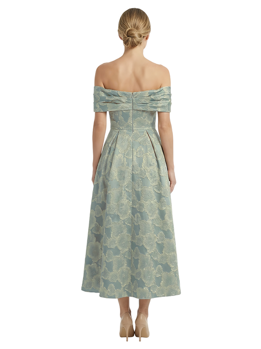 Kiarelys Exquisite Floral Jacquard Off Shoulder A-Line Tea-Length Formal Evening Dresses