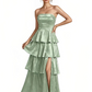 Elegant Jacquard Satin Straight Across A-Line Long Formal Evening Dresses