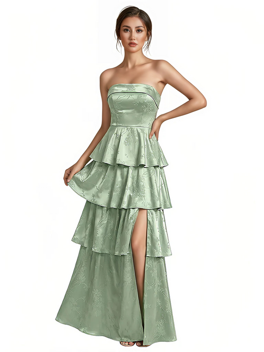 Elegant Jacquard Satin Straight Across A-Line Long Formal Evening Dresses