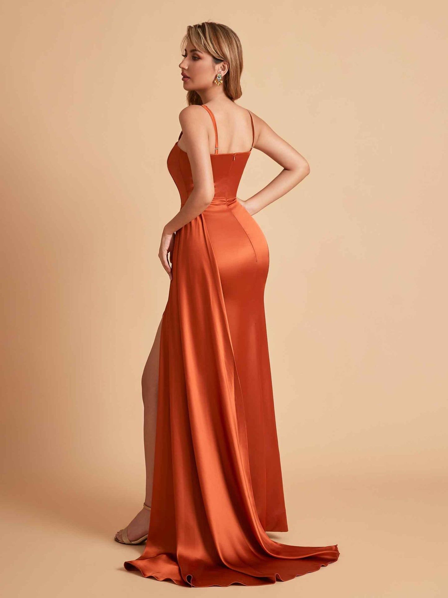 Elegant Satin Spaghetti Straps Mermaid Side Slit Floor Length Bridesmaid Dresses