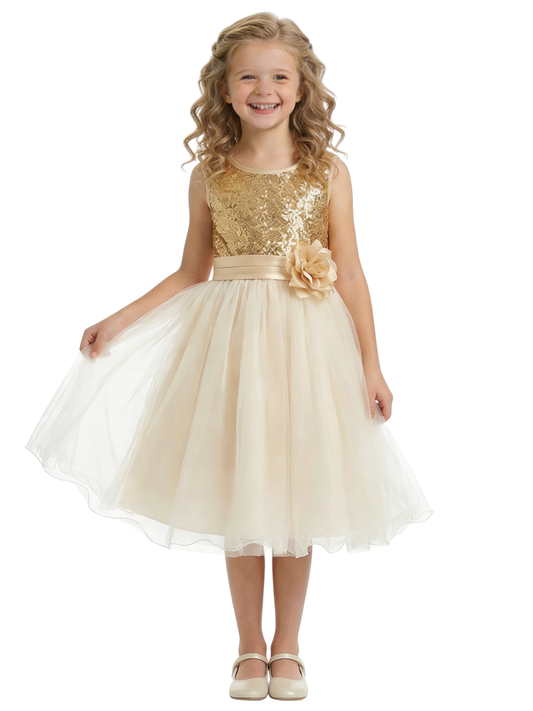 Sequin Bodice Flower Girl Dress with Sleeveless Round Neck and Tea Length Tulle A-Line Skirt