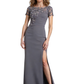 Slit Chiffon Jewel Mother of The Bride Dress Evening Gown Short Sleeve