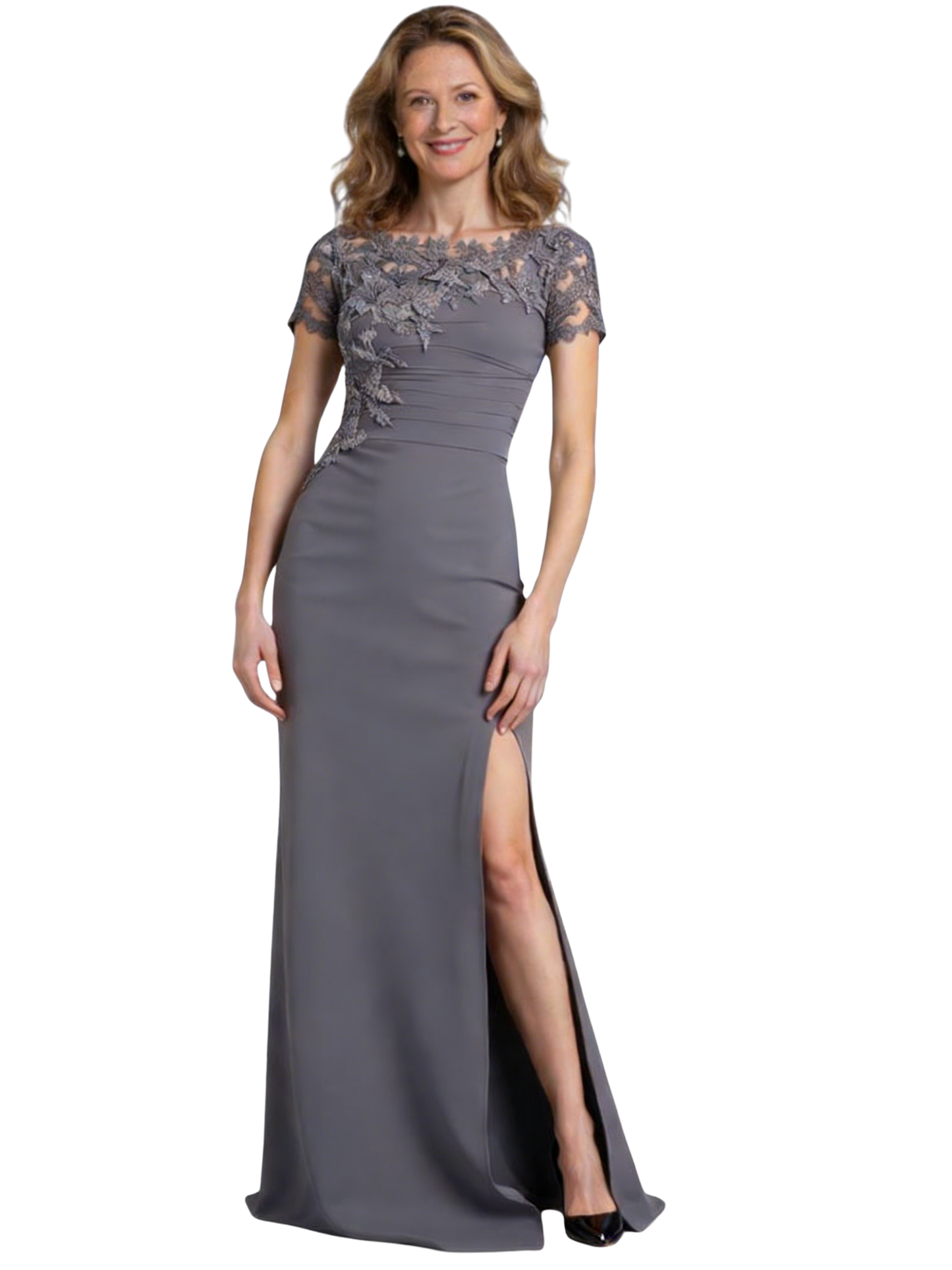 Slit Chiffon Jewel Mother of The Bride Dress Evening Gown Short Sleeve