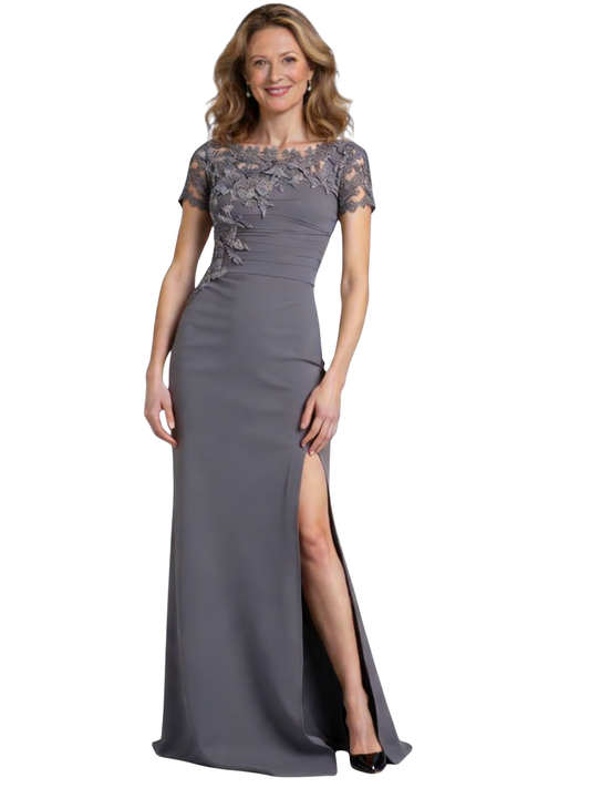 Slit Chiffon Jewel Mother of The Bride Dress Evening Gown Short Sleeve