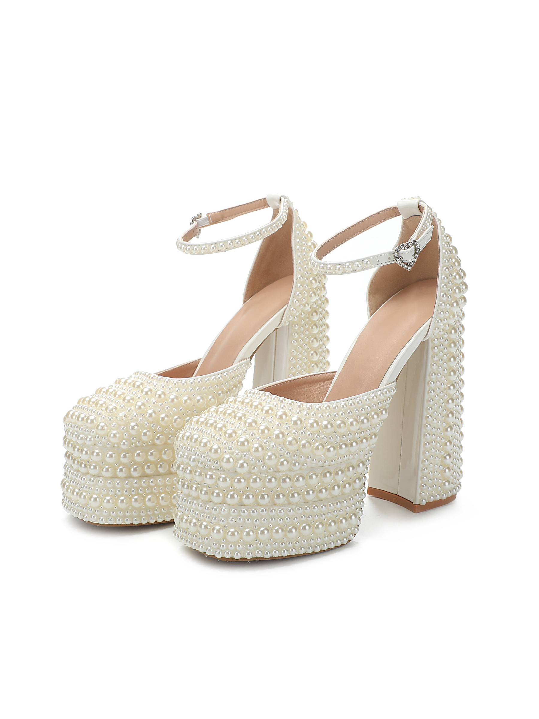 Womens Pearl Platform Heels for Women Chunky Buckle Ankle Strap Wedding Heeled Sandals Dress Evening Bride Bridal Shoes