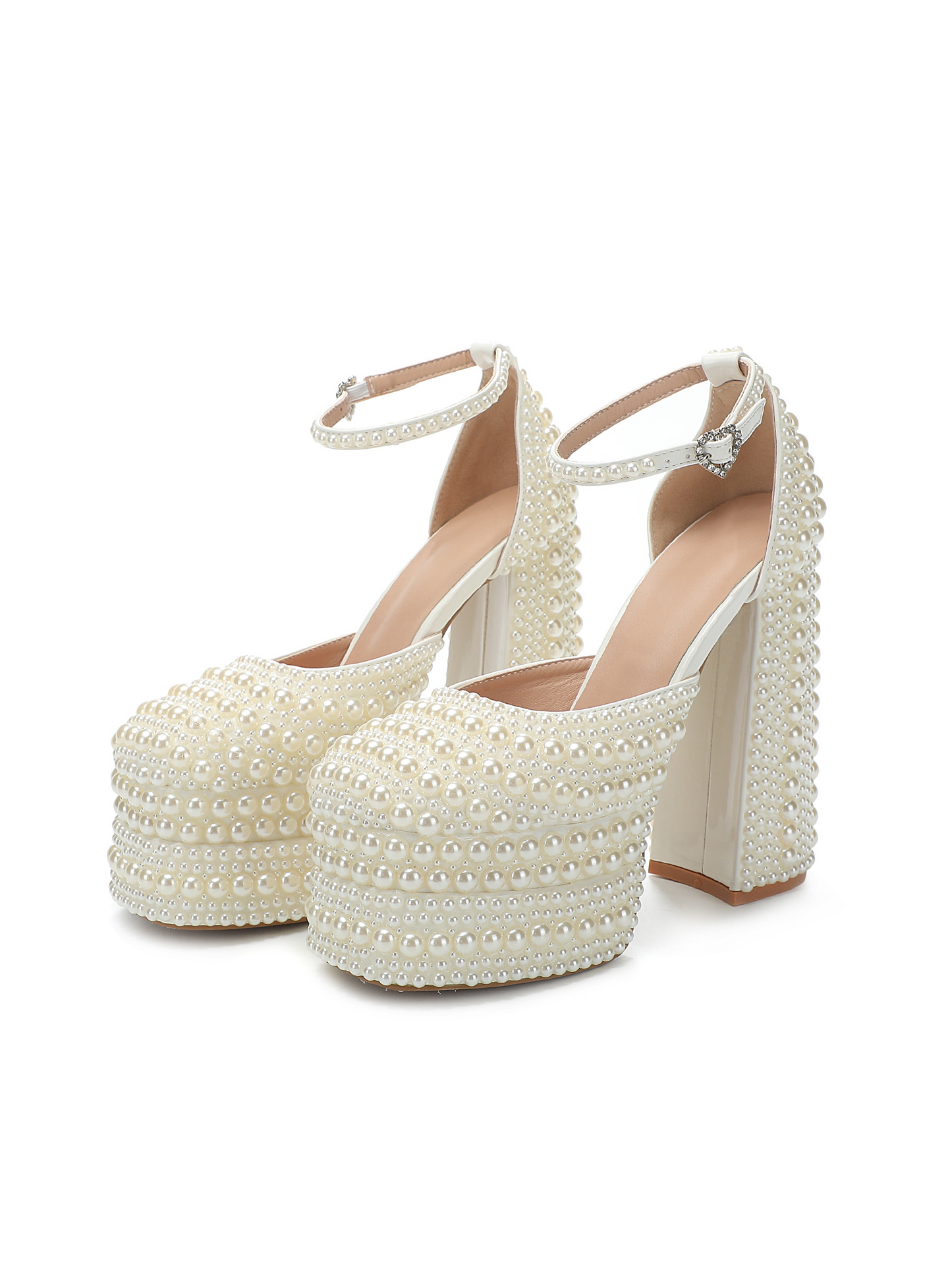 Womens Pearl Platform Heels for Women Chunky Buckle Ankle Strap Wedding Heeled Sandals Dress Evening Bride Bridal Shoes