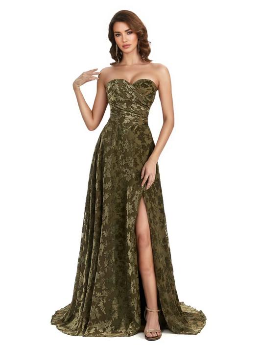 Sexy Side Slit Strapless Floral Burnout Velvet Sweetheart Long Wedding Guest Dresses