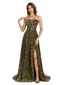 Sexy Side Slit Strapless Floral Burnout Velvet Sweetheart Long Wedding Guest Dresses