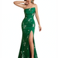 Elegant Strapless Side Slit Mermaid Long Satin Floral Formal Dresses For Women