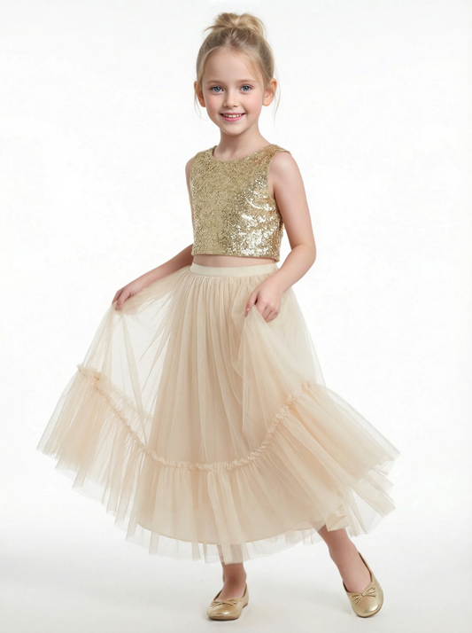 Two Piece Sequin Junior Bridesmaid Dress Tulle Skirt Ruffle Hem Sleeveless Sparkle