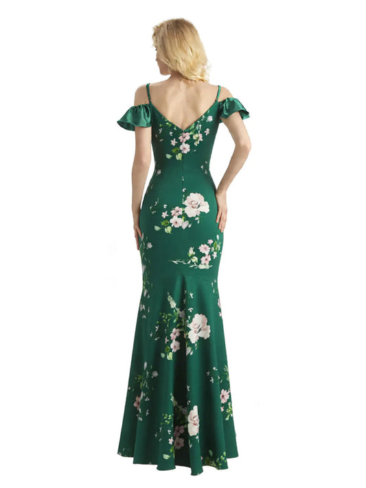 Beautiful Mermaid Cold Shoulder Floral Satin Maxi Floral Formal Dresses For Women