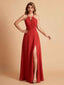 Stylish A-line Chiffon Halter Key-hole Open Back Floor Length Bridesmaid Dresses