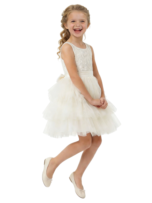 Tiered Tulle Flower Girl Dress with Sleeveless Lace Top and Short Party A-Line Silhouette