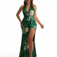 Simple Halter Side Slit Mermaid Floral Satin Maxi Floral Formal Dresses For Women