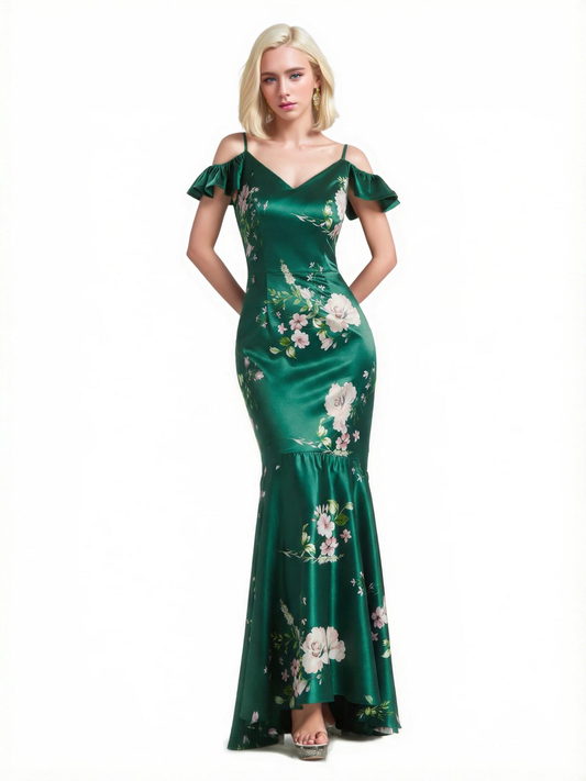 Beautiful Mermaid Cold Shoulder Floral Satin Maxi Floral Formal Dresses For Women