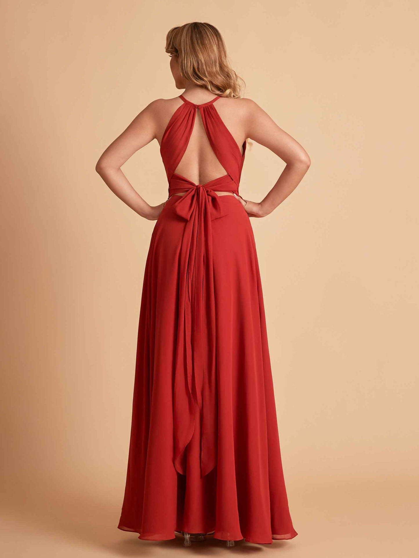 Stylish A-line Chiffon Halter Key-hole Open Back Floor Length Bridesmaid Dresses