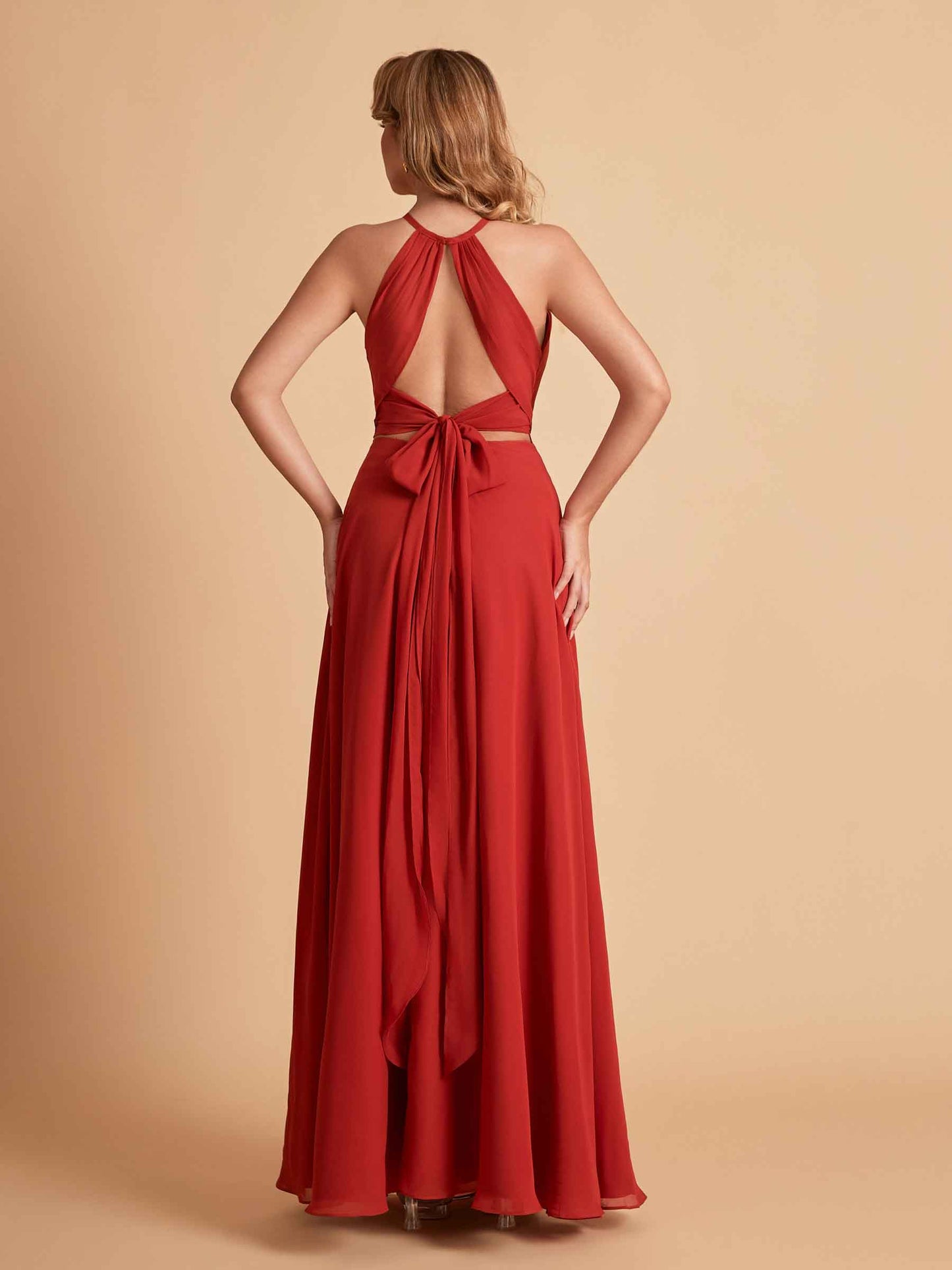 Stylish A-line Chiffon Halter Key-hole Open Back Floor Length Bridesmaid Dresses