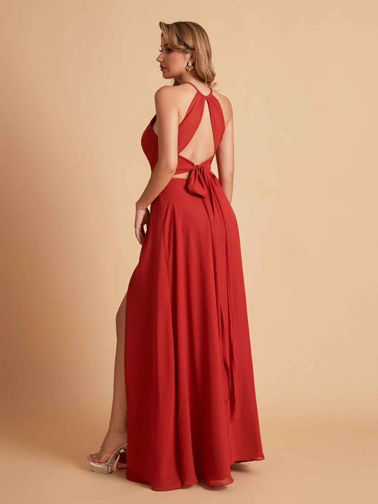 Stylish A-line Chiffon Halter Key-hole Open Back Floor Length Bridesmaid Dresses