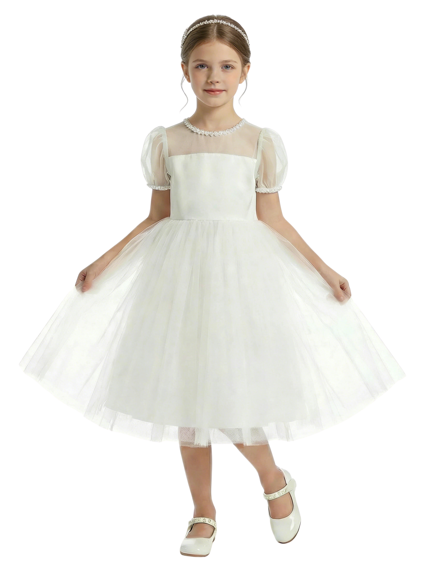 Sheer Yoke Puff Sleeve Flower Girl Dress Spaghetti-Straps  A-Line Tulle Party Dress