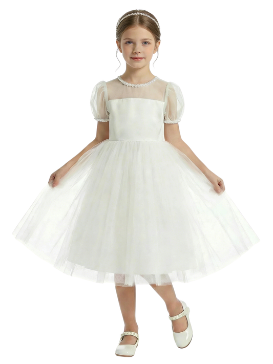 Sheer Yoke Puff Sleeve Flower Girl Dress Spaghetti-Straps  A-Line Tulle Party Dress