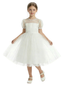 Sheer Yoke Puff Sleeve Flower Girl Dress Spaghetti-Straps  A-Line Tulle Party Dress