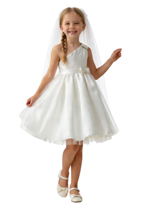 One-Shoulder Sleeveless Flower Girl Dress A-Line Satin & Tulle Gown with Waist Bow Detail for Weddings & Special Occasions