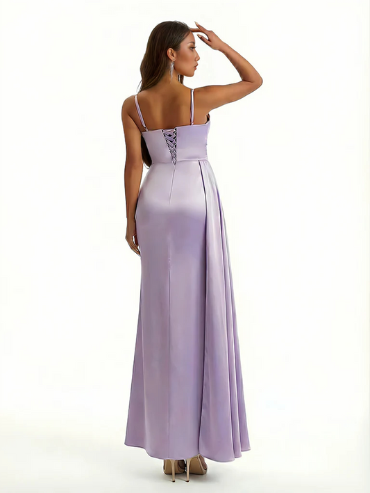 Sexy V-Neck Side Slit Mermaid Soft Satin Long Formal Dresses Spaghetti Straps