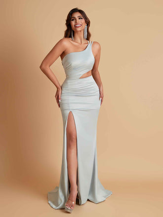 Gorgeous One Shoulder Soft Satin Side Slit Floor-Length Mermaid Bridesmaid Dresses