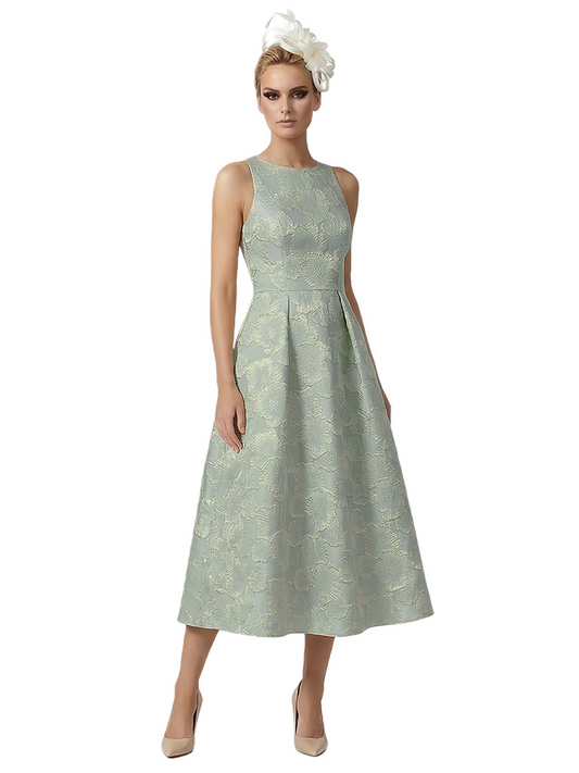 Kiarelys Elegant Floral Jacquard Sleeveless A-Line Lace Midi Formal Evening Dresses