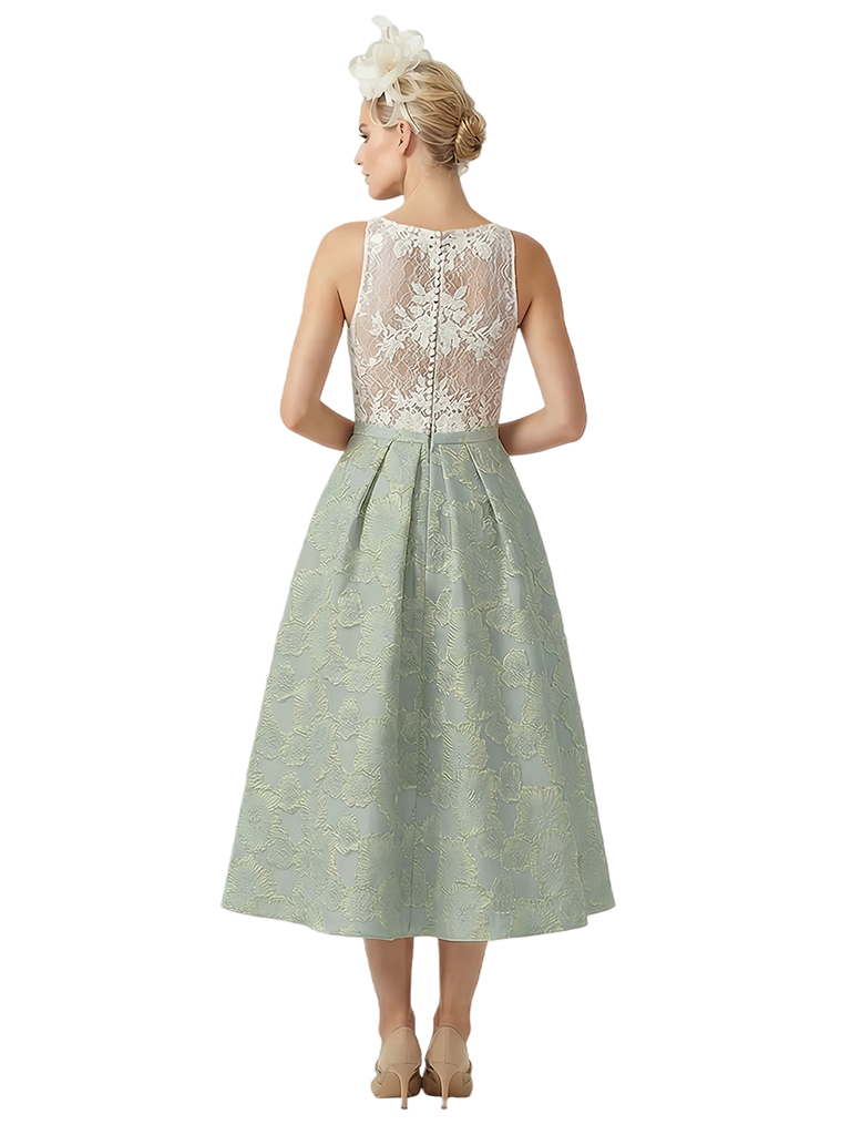 Kiarelys Elegant Floral Jacquard Sleeveless A-Line Lace Midi Formal Evening Dresses
