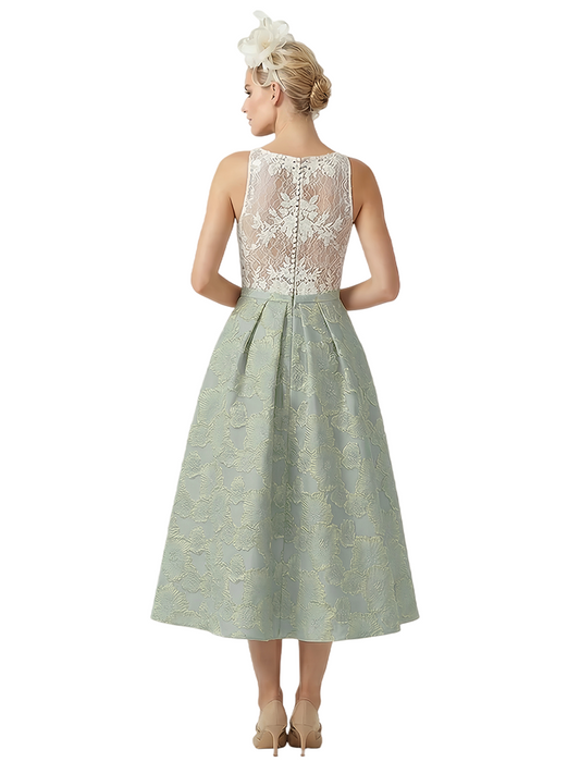 Kiarelys Elegant Floral Jacquard Sleeveless A-Line Lace Midi Formal Evening Dresses