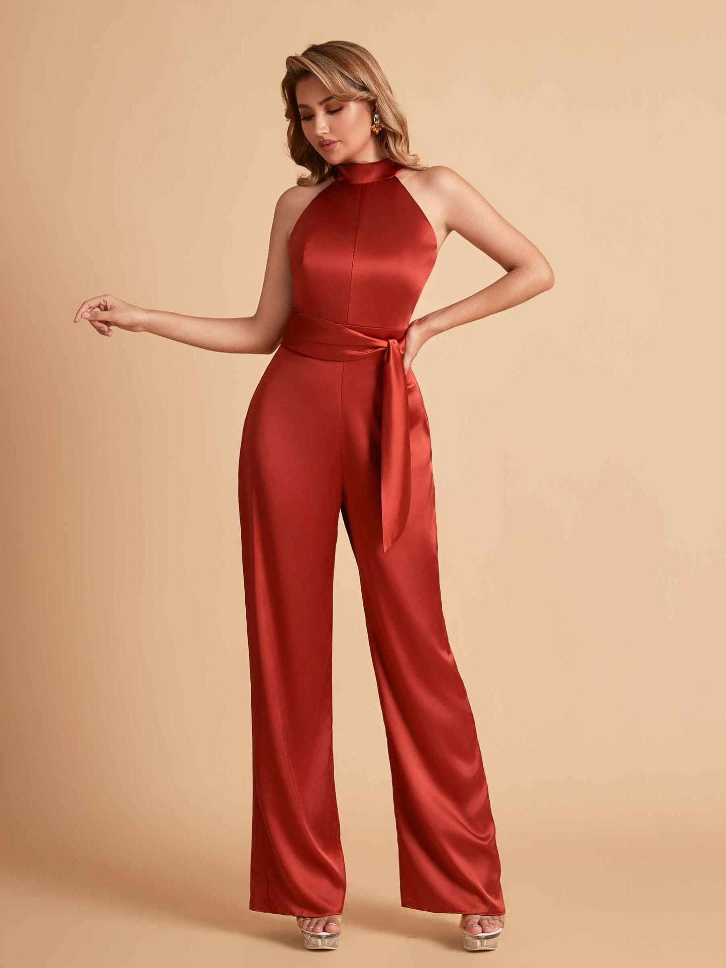 Elegant Satin Halter Sleeveless Satin Floor Length Bridesmaid Jumpsuit