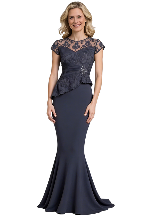 Lace Elegant Mother of The Bride Dress Evening Illusion Cap Sleeve